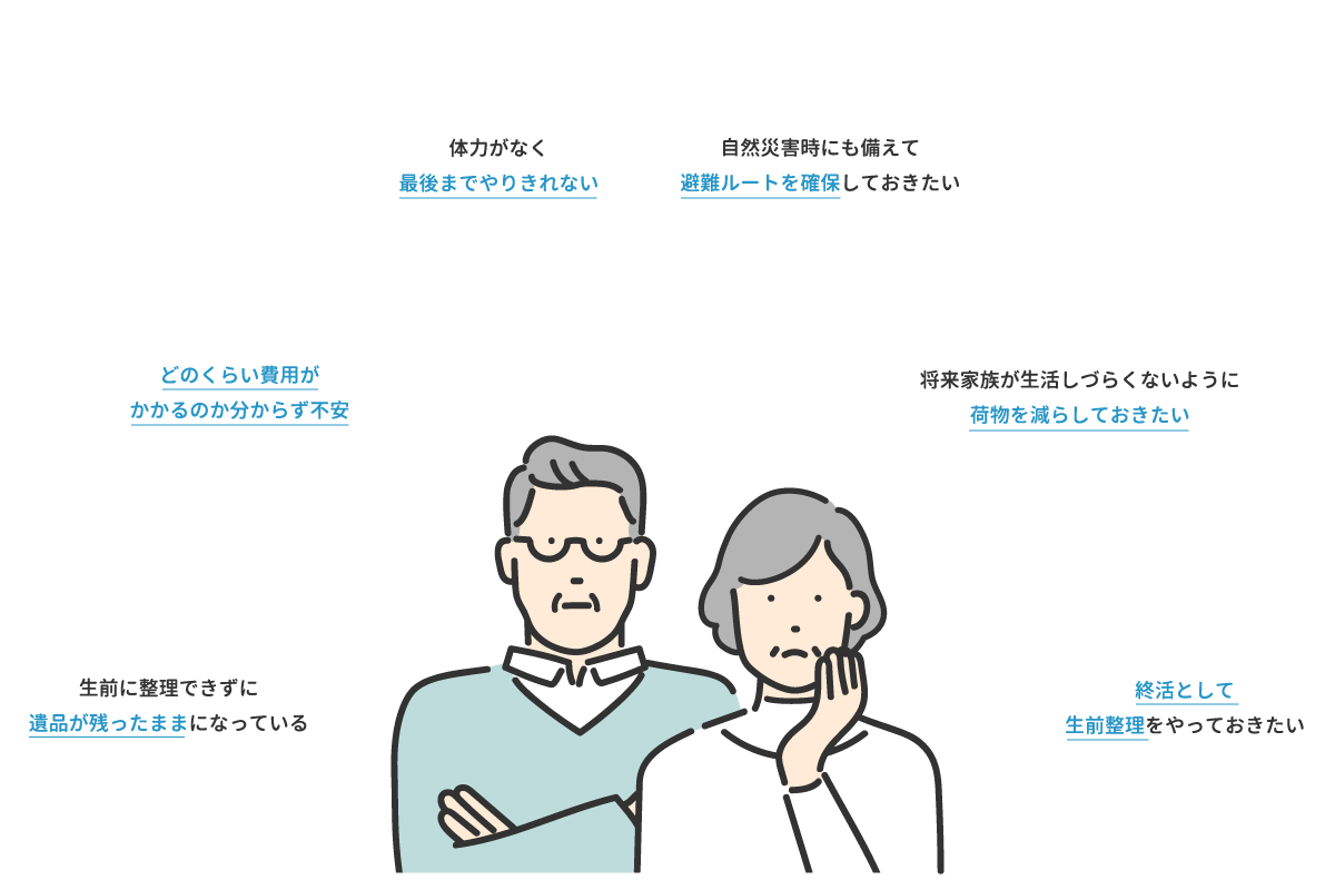 ・生前に整理できずに遺品が残ったままになっている・どのくらい費用がかかるのか分からず不安・体力がなく最後までやりきれない・自然災害時にも備えて避難ルートを確保しておきたい・将来家族が生活しづらくないように荷物を減らしておきたい・終活として生前整理をやっておきたい